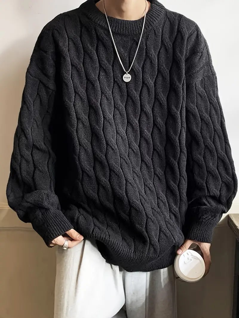 Plus Size Men's Casual Style Long-sleeved Crew Neck Sweater, Fashion Loose Slightly Stretch Comfortable Top For Big & Tall Guys