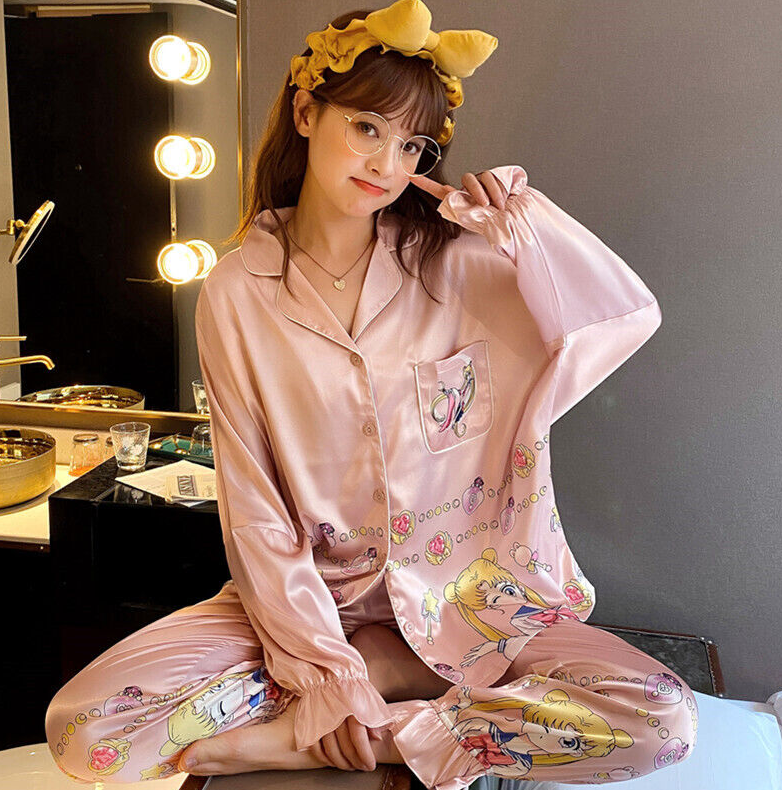 Sailor Moon Ice Silk Pajamas Set Women Cartoon V-neck Long Sleeve Sleepwear Pink